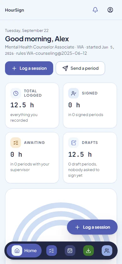 The same home screen on a phone, with signed, awaiting and draft totals.