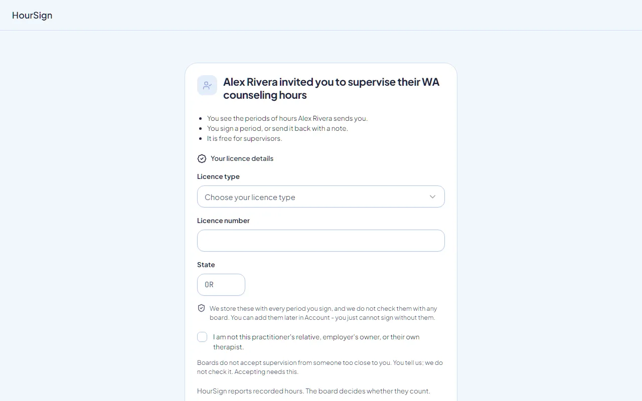 The invitation a supervisor opens: who invited them and for which license, a list saying they see the periods sent to them, can sign or send one back with a note, and that it is free for supervisors, then fields for their license type, number and state.