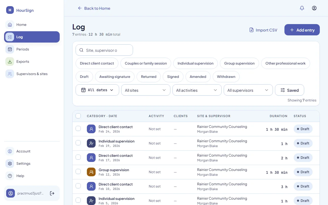 The Log screen: seven entries totalling 12 hours 30 minutes, filters for category and status, and a table of sessions with category, date, site, supervisor, duration and status.