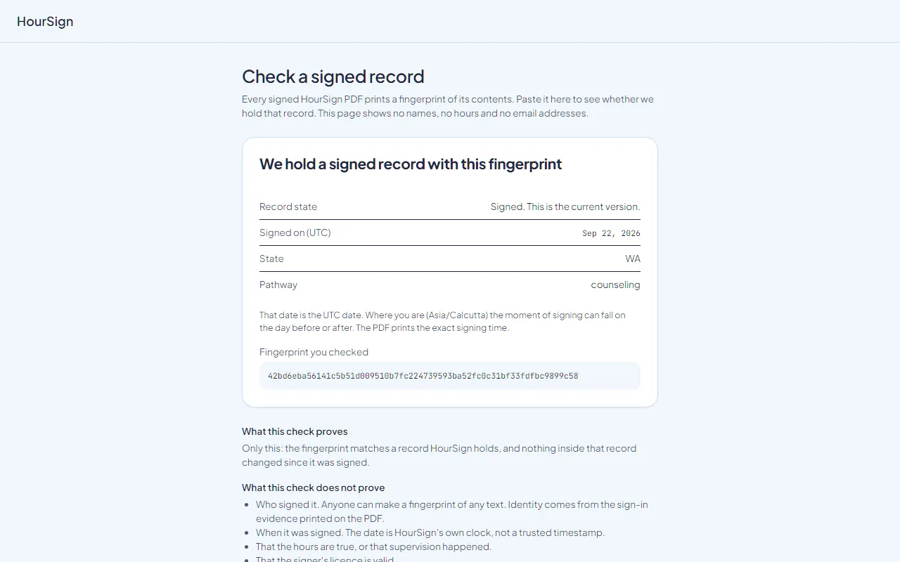 The public check page: we hold a signed record with this fingerprint, signed on 22 September 2026, Washington, counseling.
